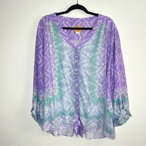 Ruby Rd. Purple and Green Button Down Top 2X Coastal Blouse Roll Tab Sleeves